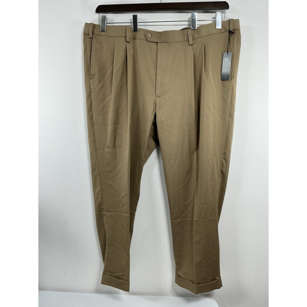 Mens NWT GS Perfect Fit Dress Pants 50x30 Brown Pleats Cuff Expandable Waist